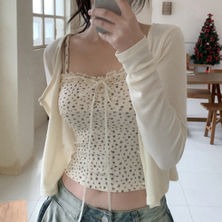 【SET】レイヤードリボンレースフラワーカーディガン CREAM