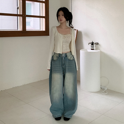 【SET】レイヤードリボンレースフラワーカーディガン CREAM