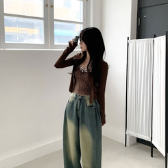 【SET】レイヤードリボンレースフラワーカーディガン BROWN