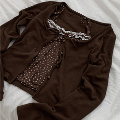 【SET】レイヤードリボンレースフラワーカーディガン