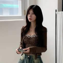 【SET】レイヤードリボンレースフラワーカーディガン BROWN