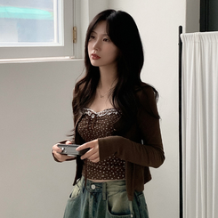 【SET】レイヤードリボンレースフラワーカーディガン BROWN