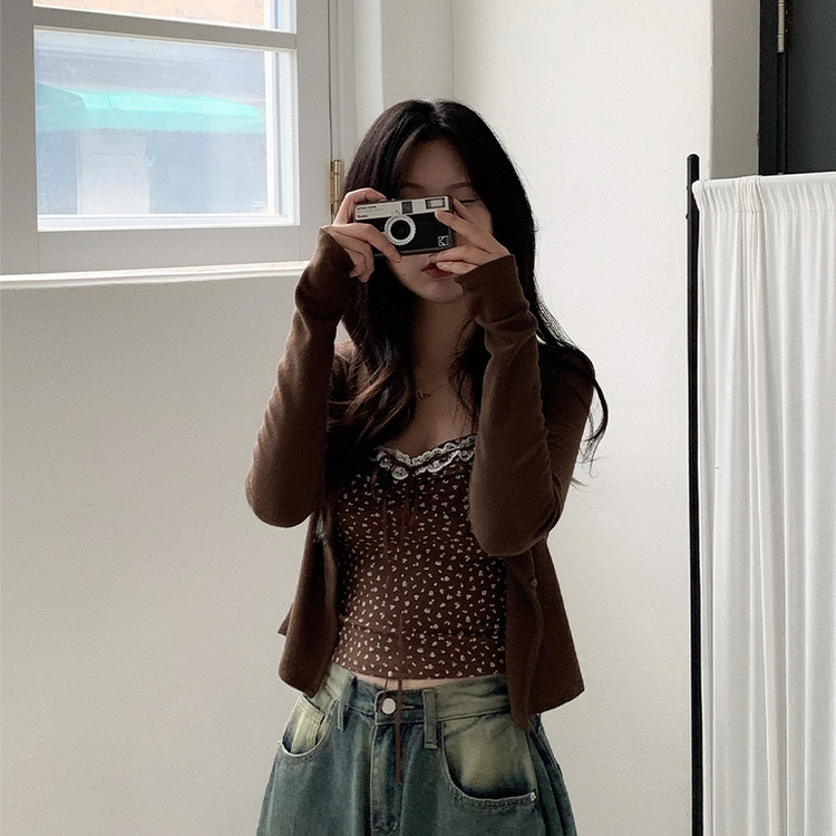 【SET】レイヤードリボンレースフラワーカーディガン BROWN