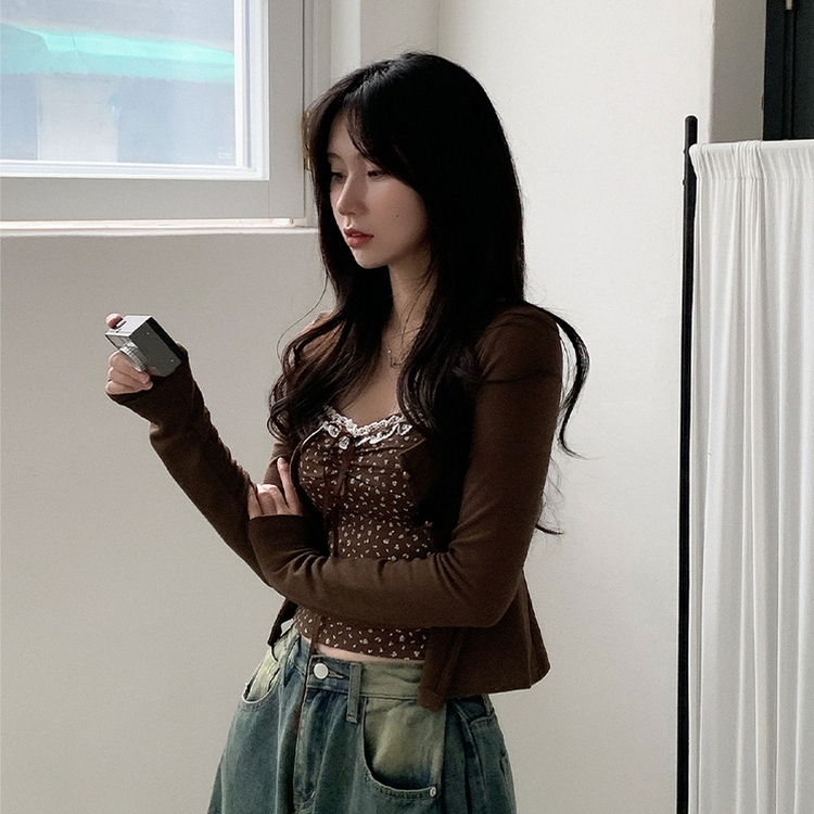 【SET】レイヤードリボンレースフラワーカーディガン BROWN