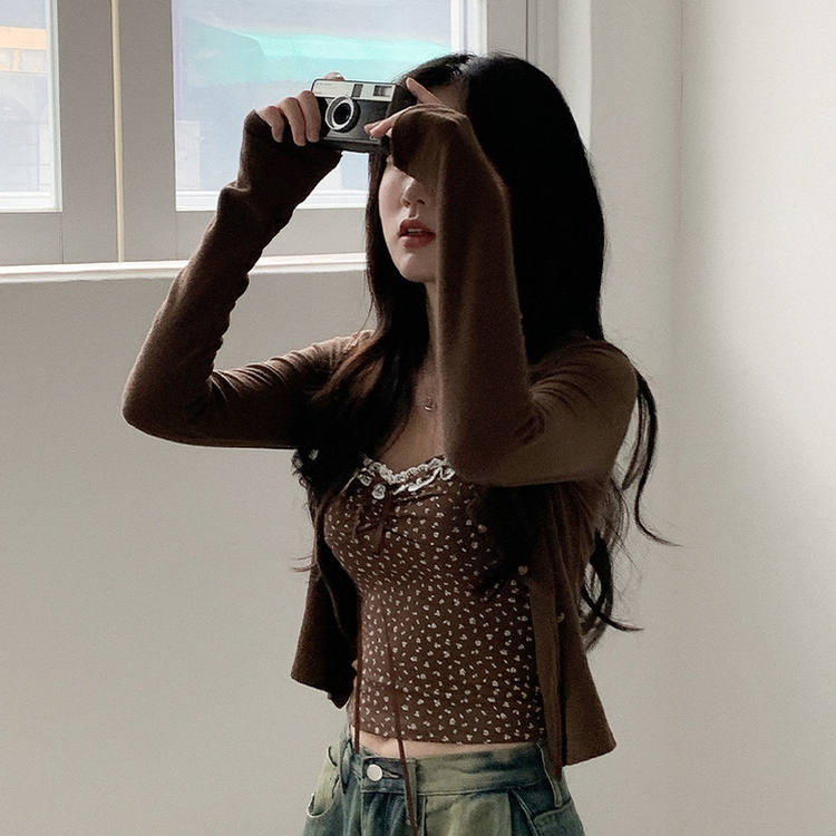 【SET】レイヤードリボンレースフラワーカーディガン BROWN