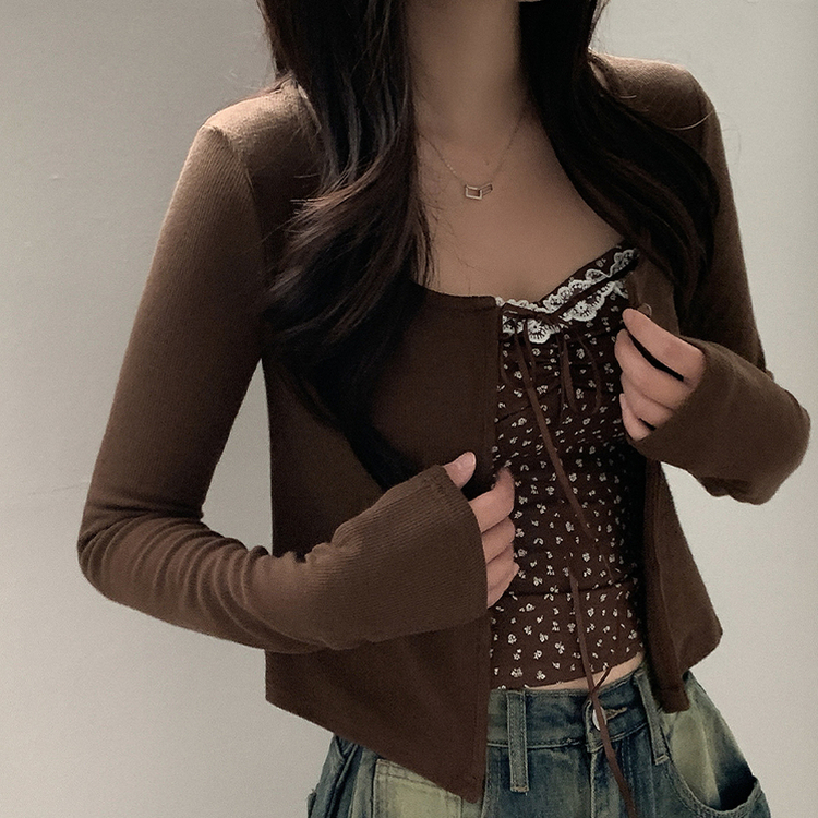 【SET】レイヤードリボンレースフラワーカーディガン BROWN