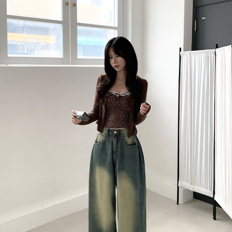 【SET】レイヤードリボンレースフラワーカーディガン BROWN