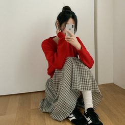 Vネックレイヤードニットカーディガン(12color) RED