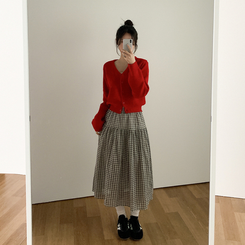 Vネックレイヤードニットカーディガン(12color) RED