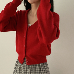Vネックレイヤードニットカーディガン(12color) RED