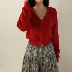 Vネックレイヤードニットカーディガン(12color) RED