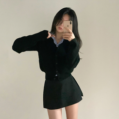 Vネックレイヤードニットカーディガン(12color) BLACK