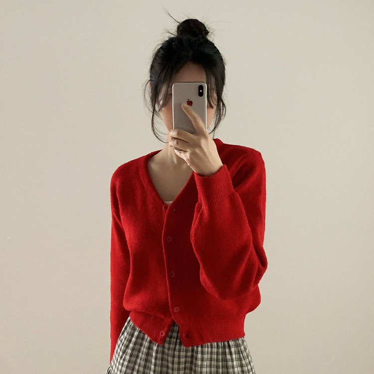 Vネックレイヤードニットカーディガン(12color) RED