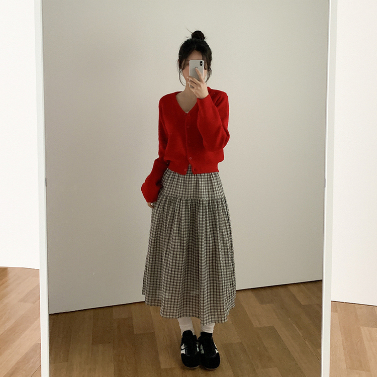 Vネックレイヤードニットカーディガン(12color) RED