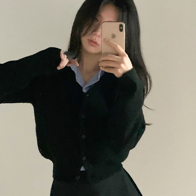 Vネックレイヤードニットカーディガン(12color) BLACK