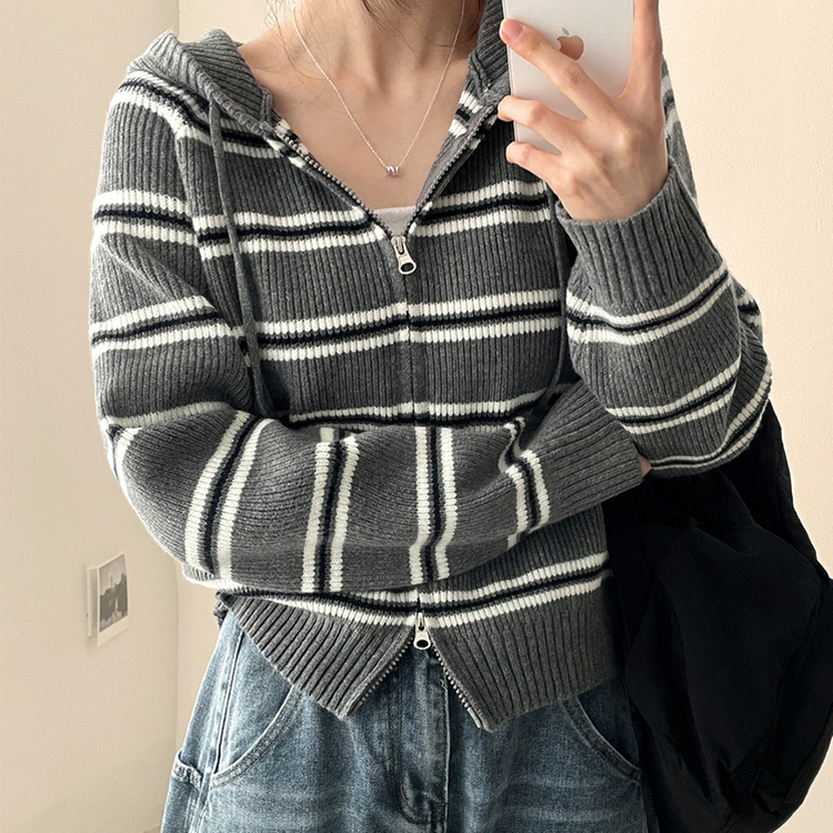 ストライプクロップニットジップアップパーカー MELANGE