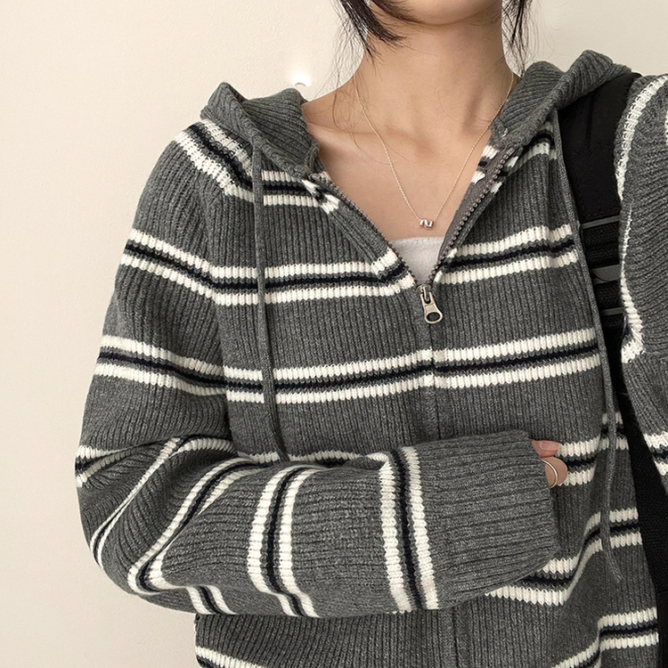 ストライプクロップニットジップアップパーカー MELANGE