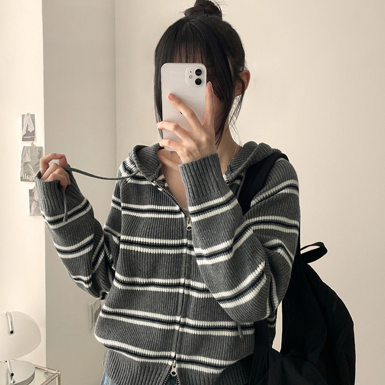ストライプクロップニットジップアップパーカー MELANGE