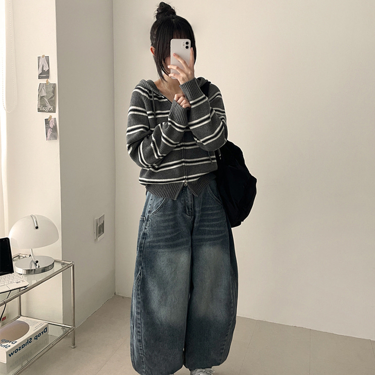 ストライプクロップニットジップアップパーカー MELANGE