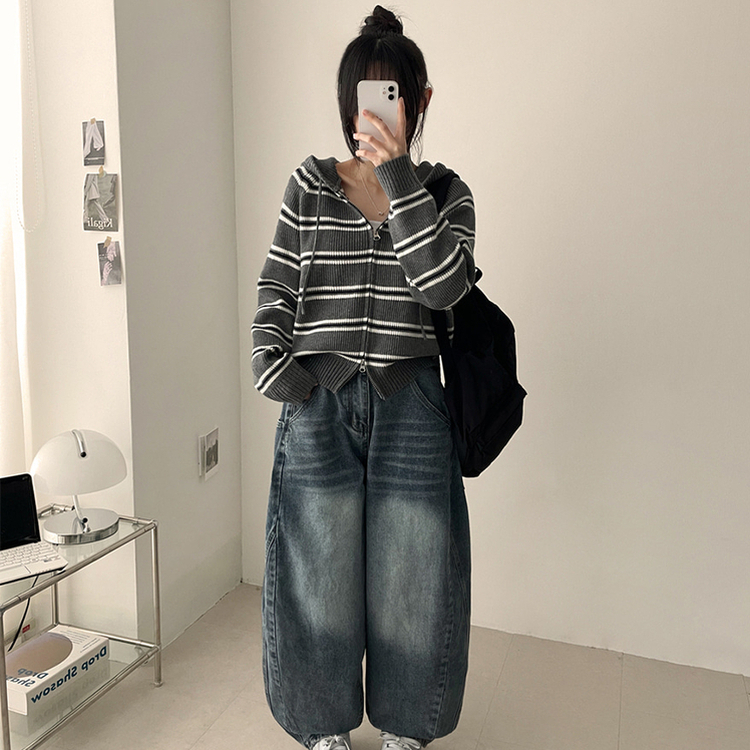 ストライプクロップニットジップアップパーカー MELANGE