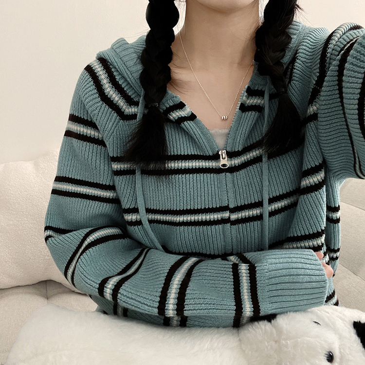 ストライプクロップニットジップアップパーカー MINT