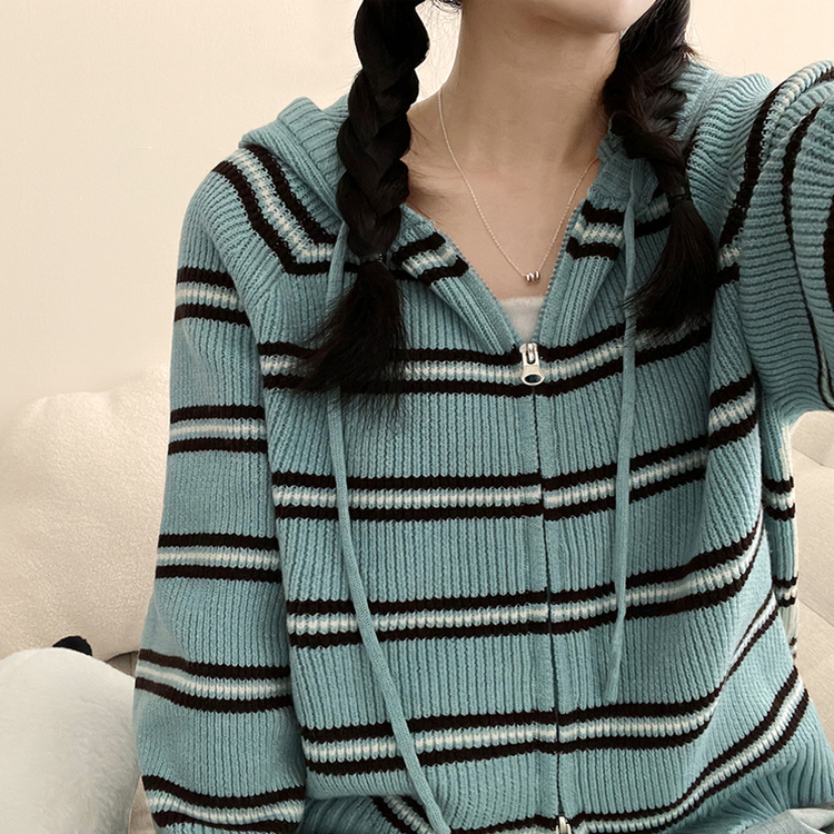 ストライプクロップニットジップアップパーカー MINT