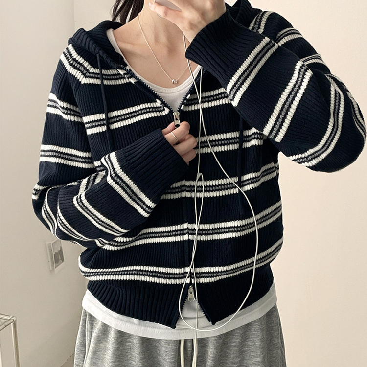ストライプクロップニットジップアップパーカー NAVY