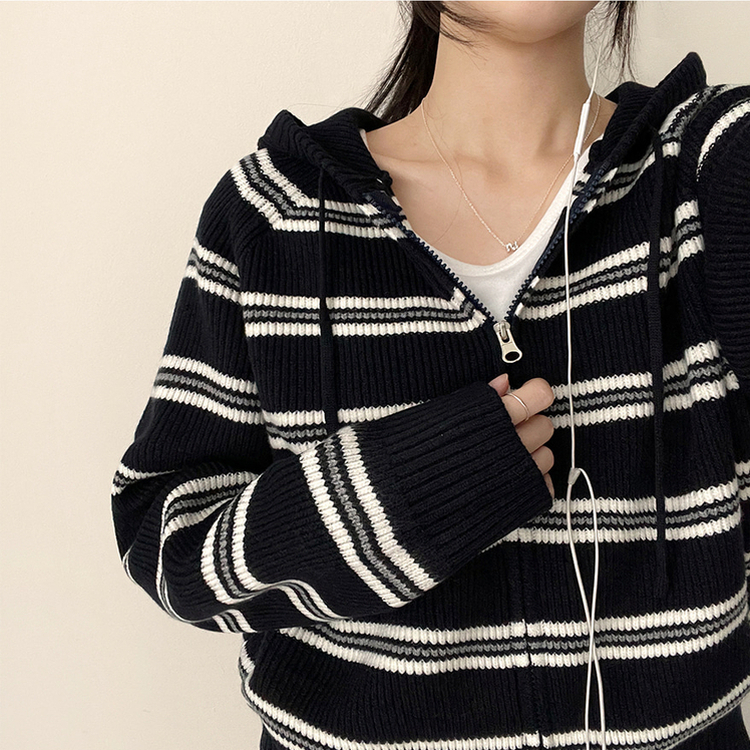 ストライプクロップニットジップアップパーカー NAVY