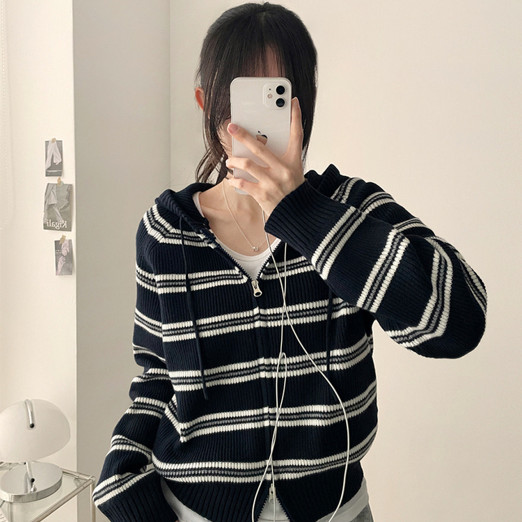 ストライプクロップニットジップアップパーカー NAVY