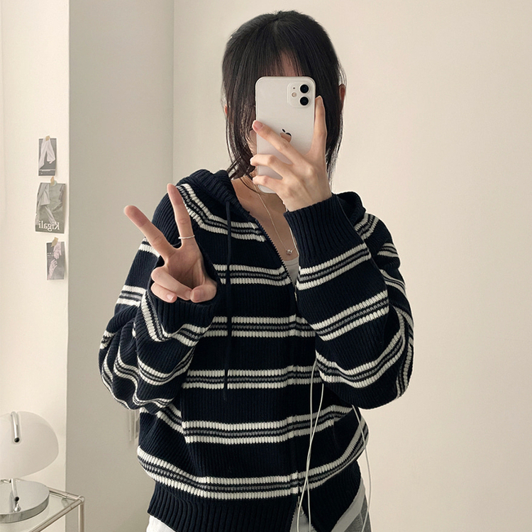 ストライプクロップニットジップアップパーカー NAVY