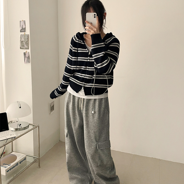 ストライプクロップニットジップアップパーカー NAVY