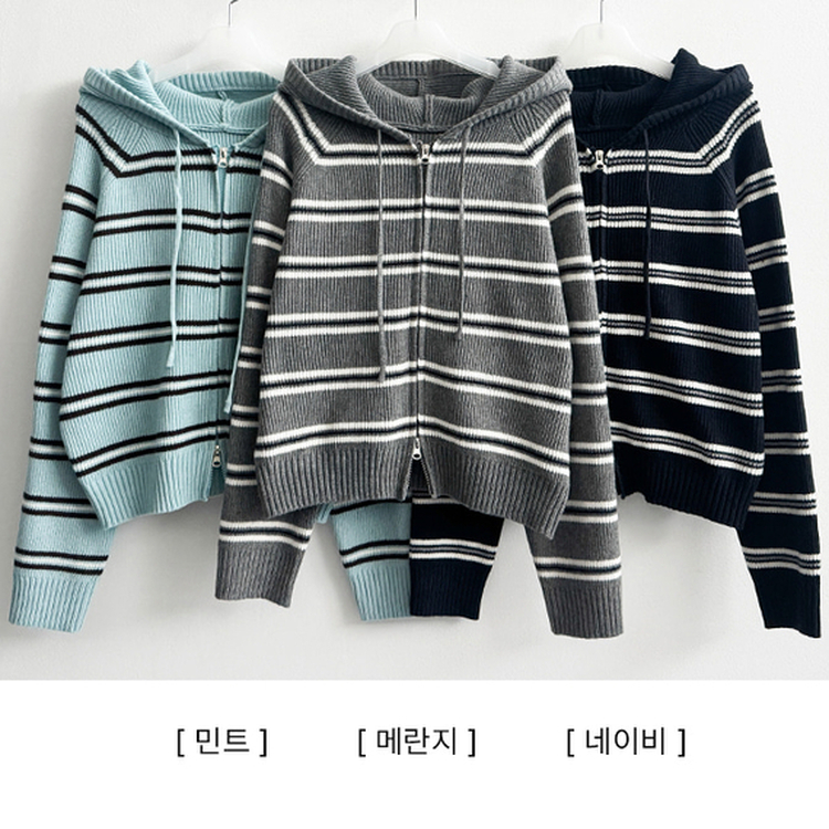 ストライプクロップニットジップアップパーカー