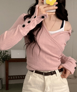 ラップフードボタン袖Tシャツ PINK