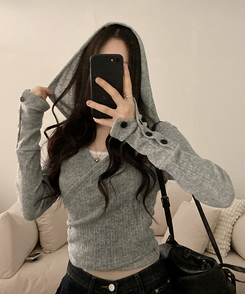 ラップフードボタン袖Tシャツ GREY