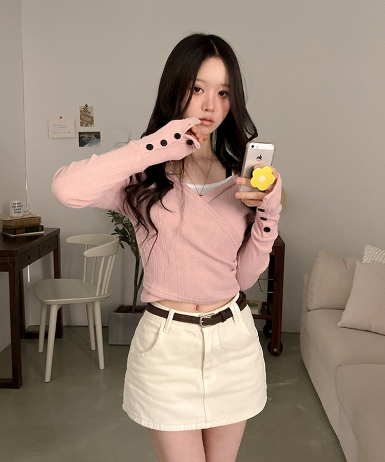 올리브 랩 후드 소매 버튼 니트 티셔츠 핑크