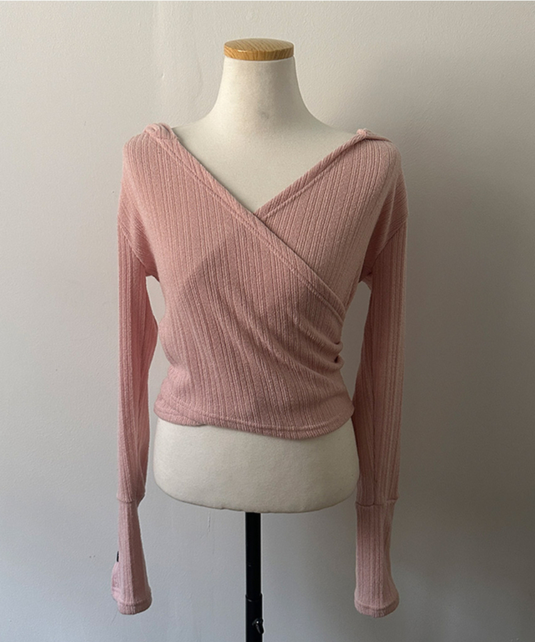 올리브 랩 후드 소매 버튼 니트 티셔츠