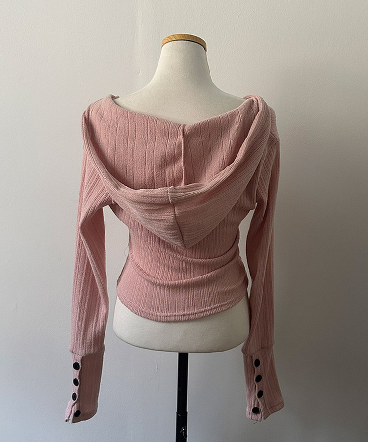 올리브 랩 후드 소매 버튼 니트 티셔츠