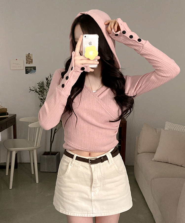 ラップフードボタン袖Tシャツ PINK