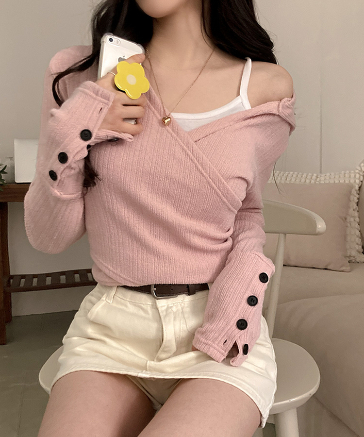 ラップフードボタン袖Tシャツ PINK