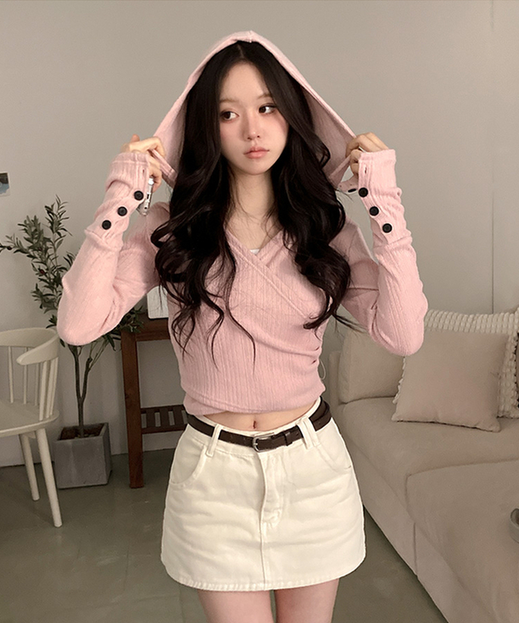 ラップフードボタン袖Tシャツ PINK