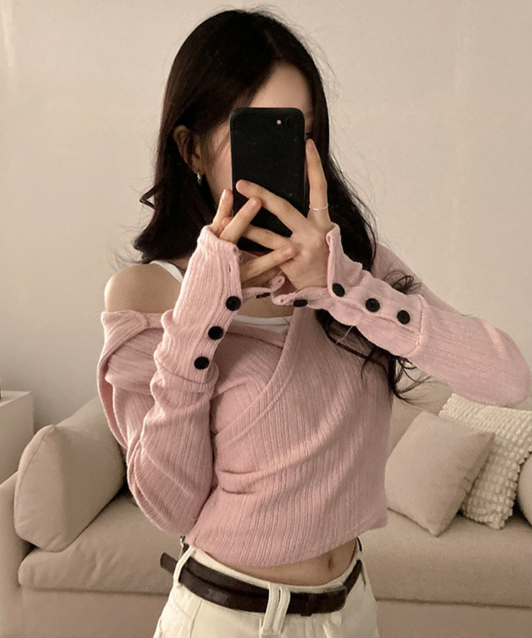 ラップフードボタン袖Tシャツ PINK