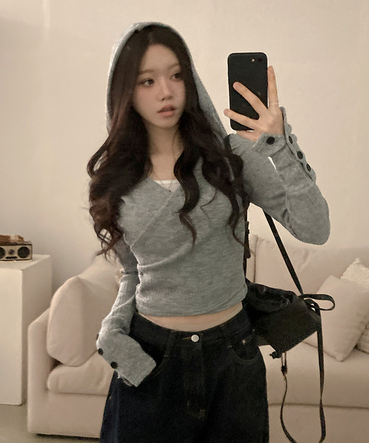 ラップフードボタン袖Tシャツ GREY