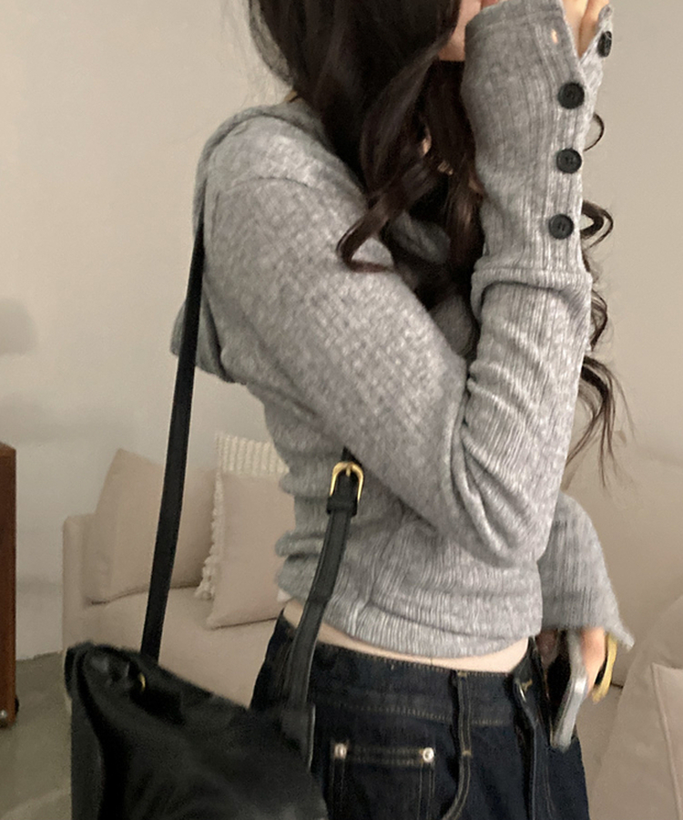 ラップフードボタン袖Tシャツ GREY