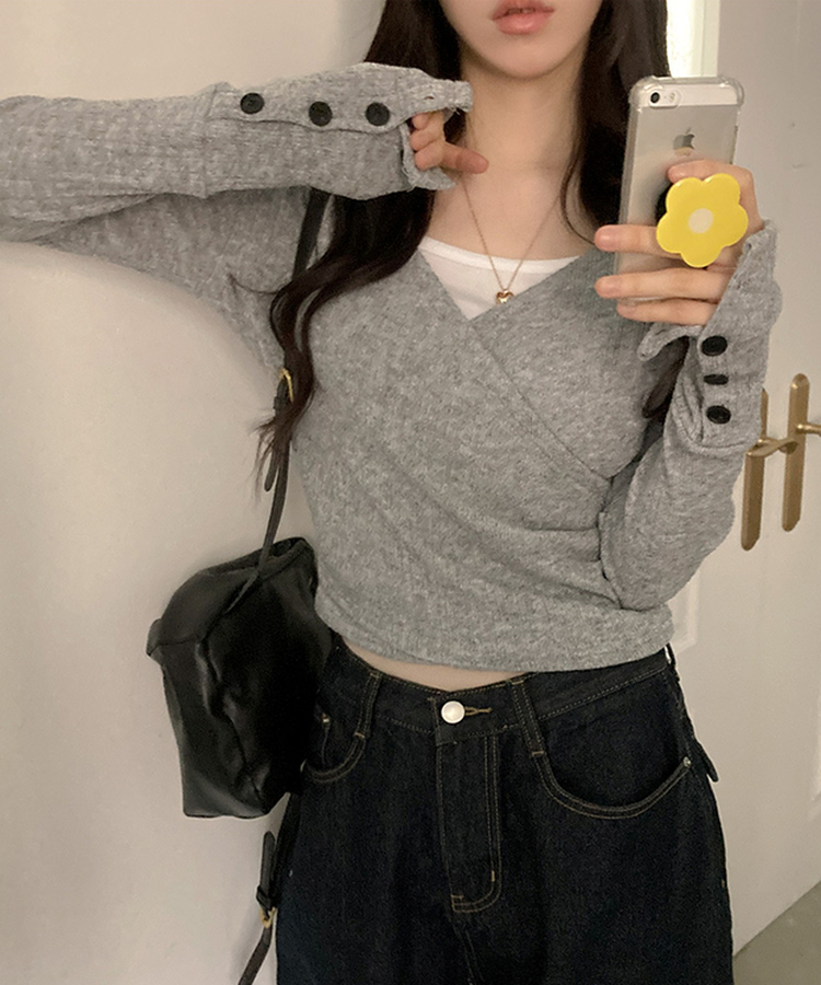 ラップフードボタン袖Tシャツ GREY