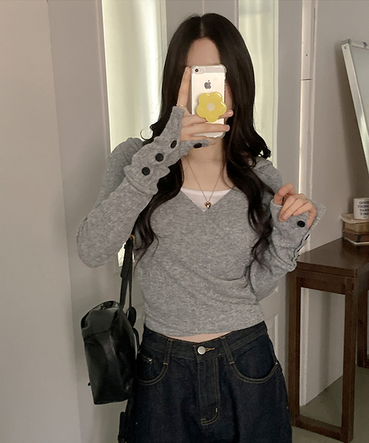 ラップフードボタン袖Tシャツ GREY