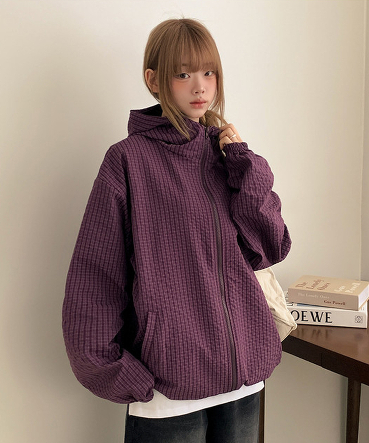 ハイネックチェックウィンドブレーカー PURPLE