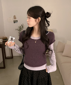 【SET着用可能】ボートネック半袖ニット 長袖Tシャツ PURPLE