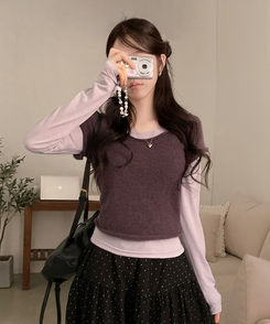 【SET着用可能】ボートネック半袖ニット 長袖Tシャツ PURPLE