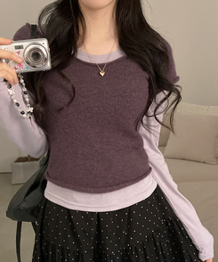 【SET着用可能】ボートネック半袖ニット 長袖Tシャツ PURPLE