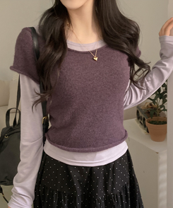 【SET着用可能】ボートネック半袖ニット 長袖Tシャツ PURPLE